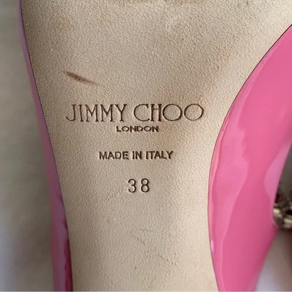 Jimmy Choo Bing 100 Shiny Patent Leather Crystal Stiletto Heels Bubble Pink - Picture 12 of 16